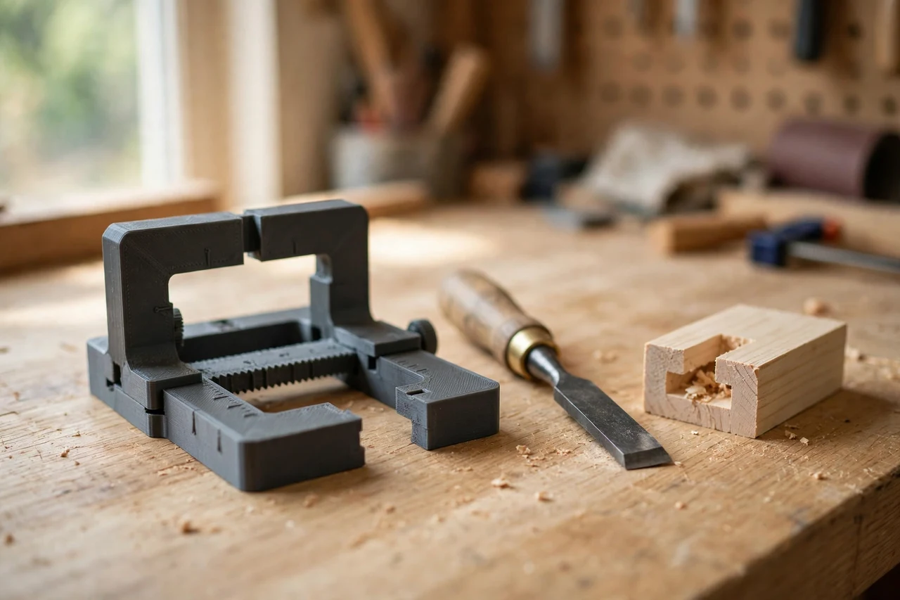 Home workshop scene on a light oak workbench, a matte charcoal-gray 3D printed mortise width measuring gauge beside a mortise chisel and a joint blank, soft natural window light, shallow depth of field