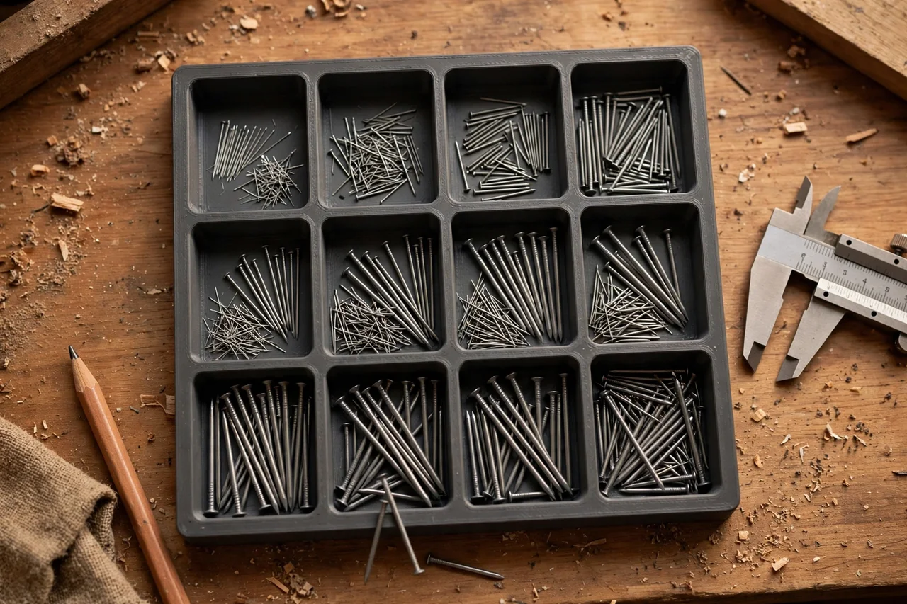 Close-up top-down view of a matte charcoal-gray 3D printed nail assortment sorting tray being test-fitted with nails by size on a workbench, calipers and a pencil nearby, warm workshop lighting