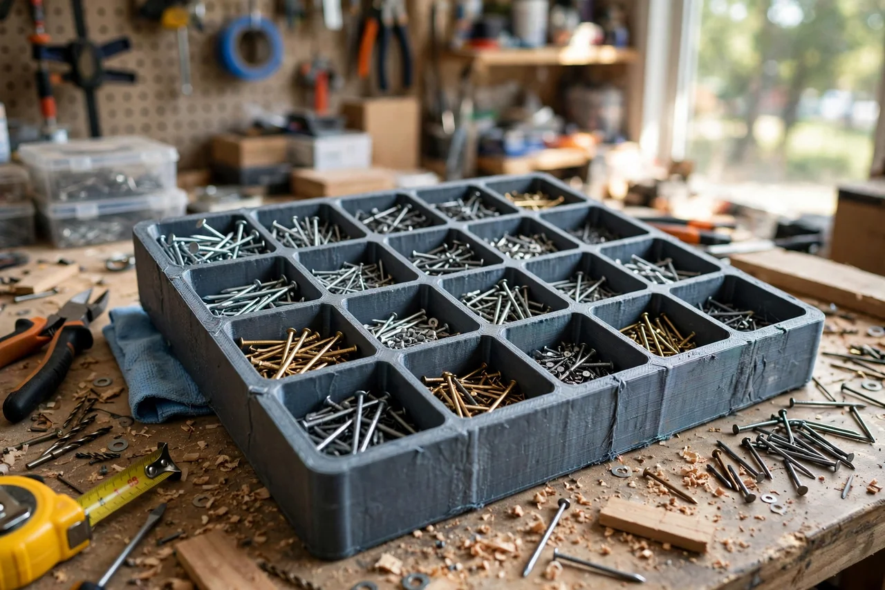 View of the finished 3D printed nail assortment sorting tray in use during a home repair tidy-up on a workbench, tidy workshop background in soft focus, bright natural light