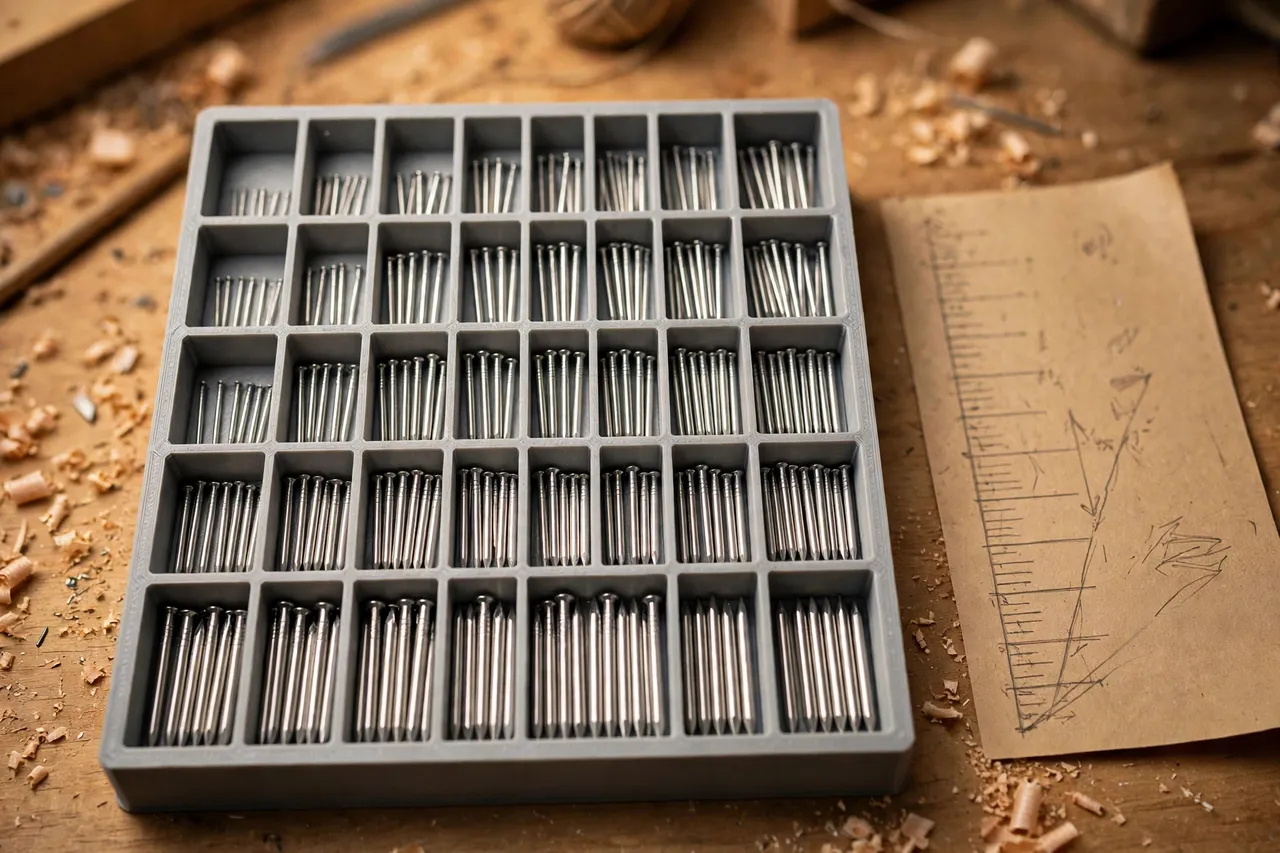 Close-up top-down view of a 3D printed nail organizer with rows of compartments holding shiny nails sorted by length