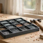 A bright home workshop workbench with a matte charcoal-gray 3D printed organizer tray divided into labeled compartments