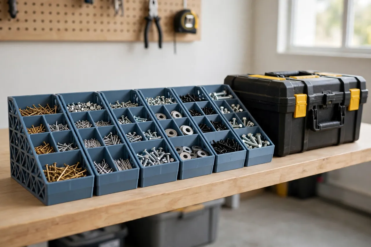 A tidy workshop shelf where several matching 3D printed organizers hold nails, brads