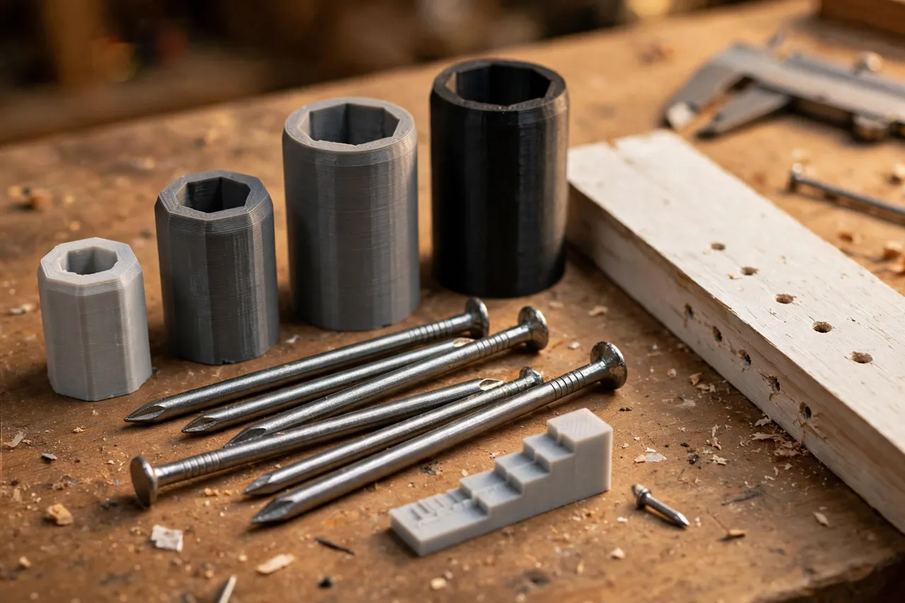 Close-up view of a 3D printed nail set kit laid out on a workbench: several nail set holders in different sizes, steel nail sets
