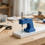 A bright home workshop scene on a light oak workbench
