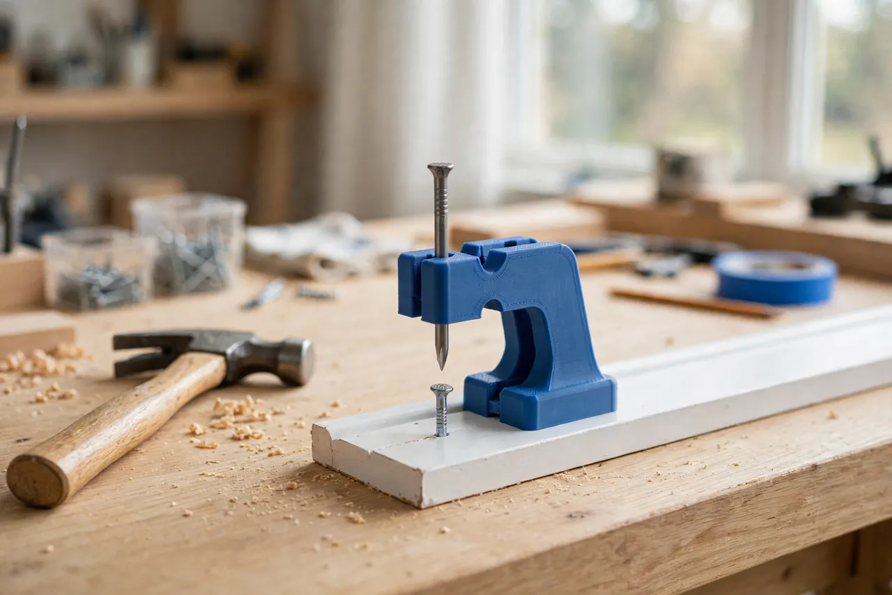 A bright home workshop scene on a light oak workbench