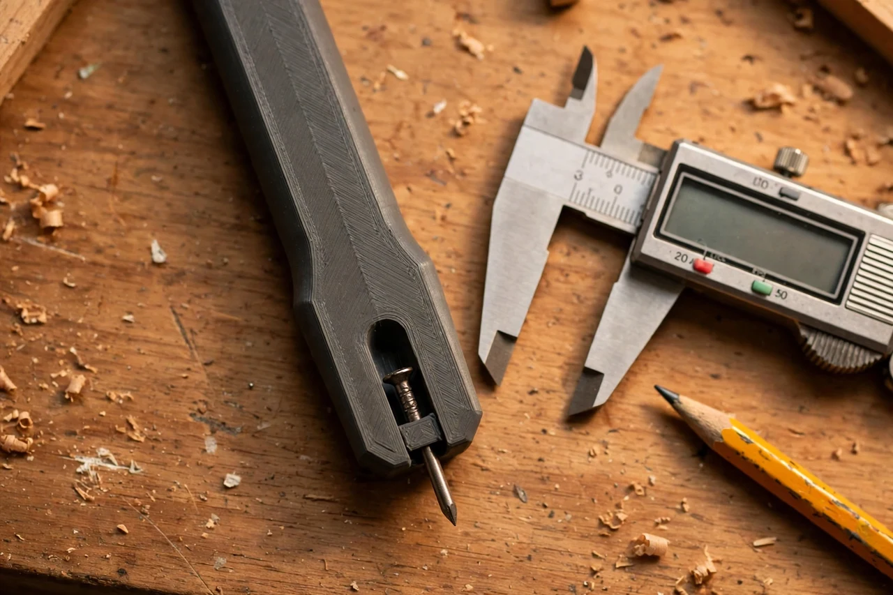 Close-up top-down view of a matte charcoal-gray 3D printed nail starter holding tool being test-fitted against a small finishing nail held ready for its first taps on a workbench, calipers and a pencil nearby, warm workshop lighting
