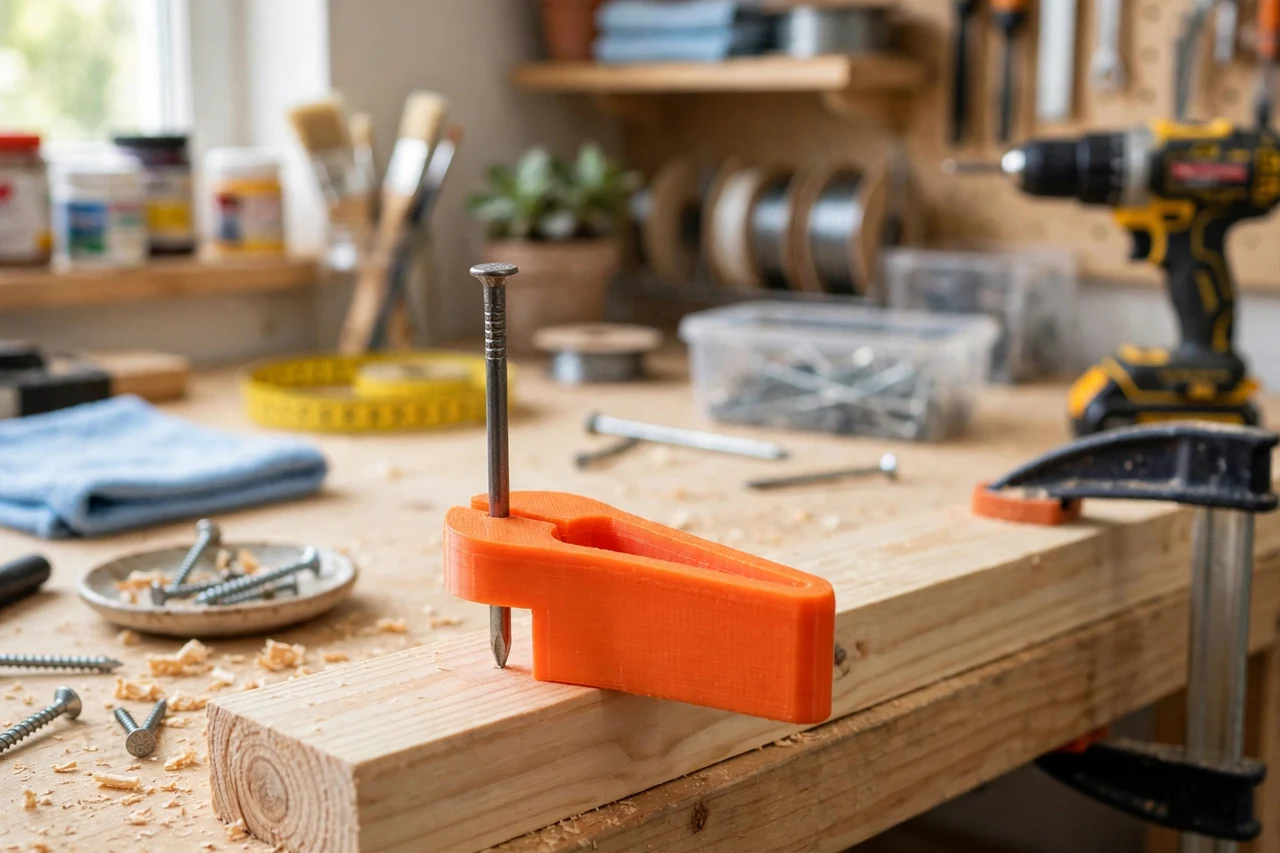 View of the finished 3D printed nail starter holding tool in use on a home repair project on a workbench, tidy workshop background in soft focus, bright natural light