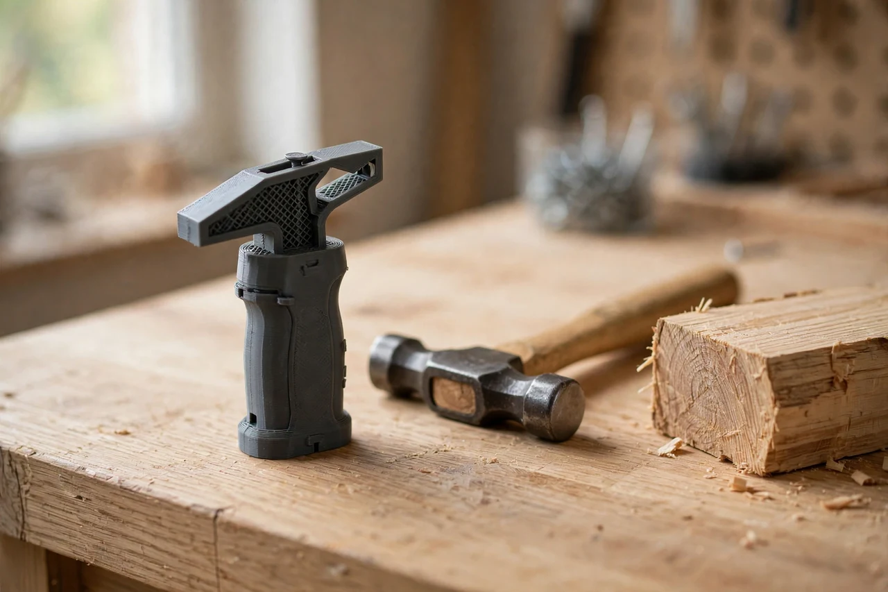 Home workshop scene on a light oak workbench, a matte charcoal-gray 3D printed nail starter holding tool beside a small hammer and a timber offcut, soft natural window light, shallow depth of field
