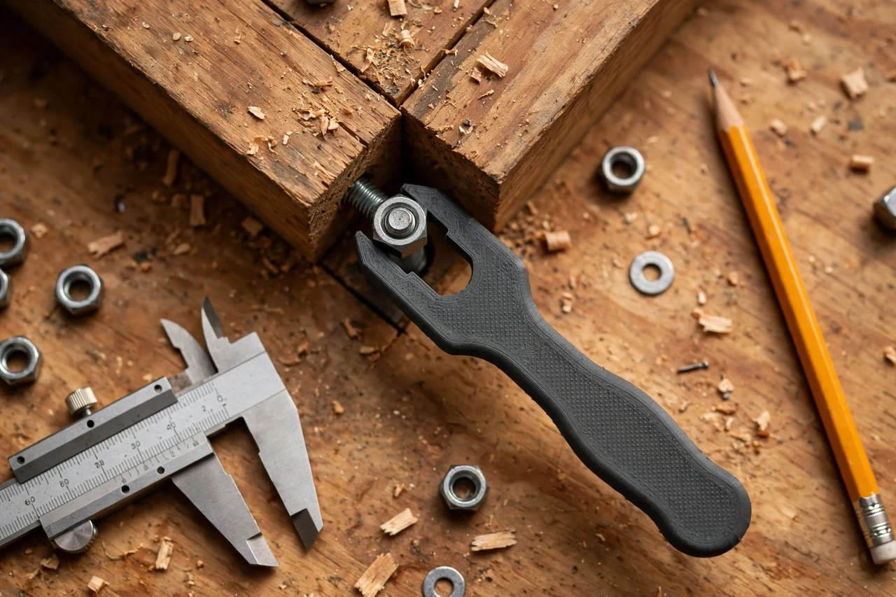 Close-up top-down view of a matte charcoal-gray 3D printed nut starter finger tool being test-fitted against a small nut started in a tight spot on a workbench, calipers and a pencil nearby, warm workshop lighting