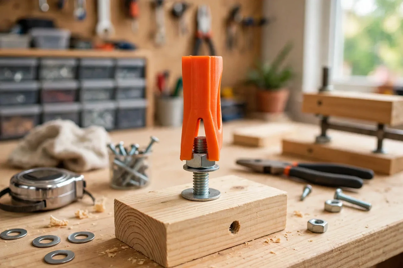 View of the finished 3D printed nut starter finger tool in use on a home repair project on a workbench, tidy workshop background in soft focus, bright natural light