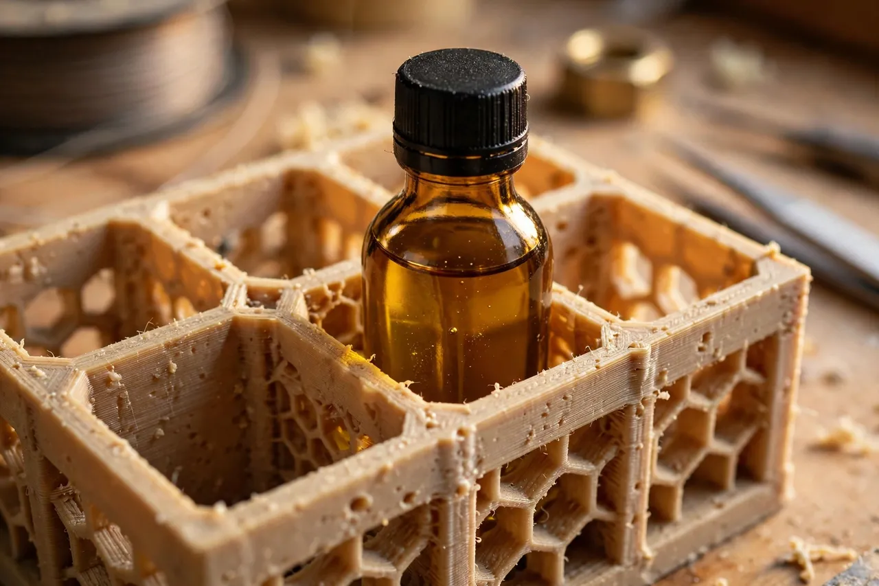 Close-up view of a 3D printed oil bottle rack with an oil bottle sitting upright in a labeled bay, its cap clearly visible, warm workshop lighting