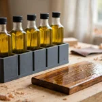 A bright home workshop scene on a light oak workbench
