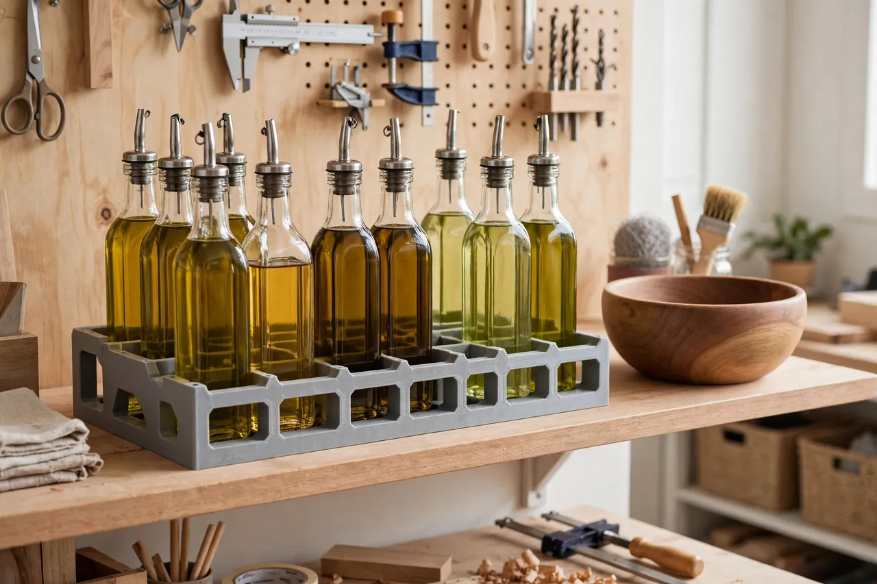 A workshop shelf with a 3D printed oil bottle rack holding oil bottles sorted by type, a finished wooden bowl nearby, bright clean home workshop