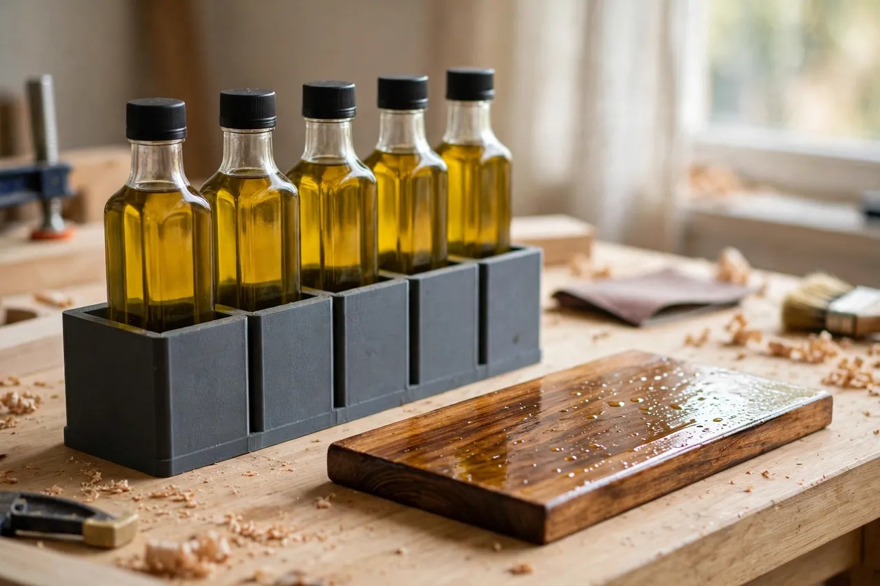 A bright home workshop scene on a light oak workbench