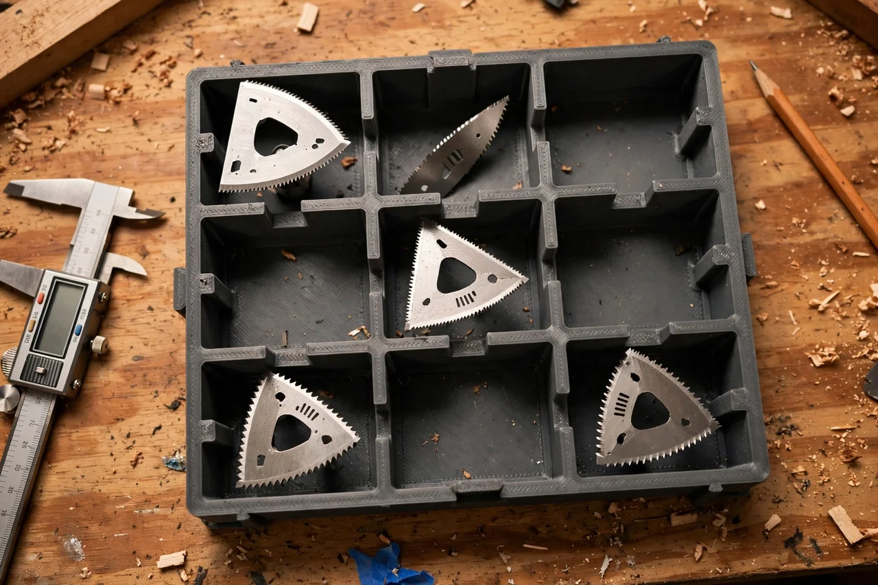 Close-up top-down view of a matte charcoal-gray 3D printed oscillating tool blade organizer being test-fitted with oscillating tool blades on a workbench, calipers and a pencil nearby, warm workshop lighting