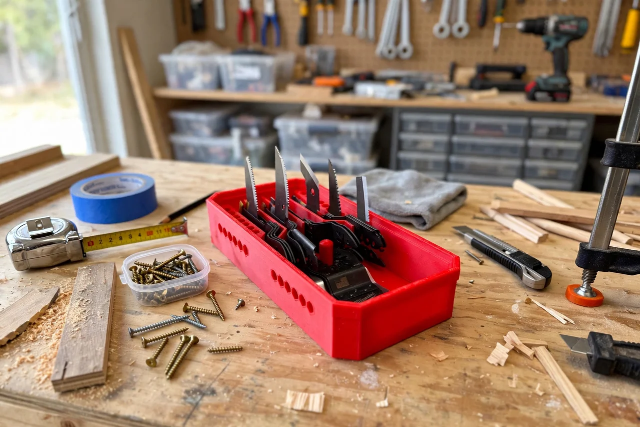 View of the finished 3D printed oscillating tool blade organizer in use during a home repair tidy-up on a workbench, tidy workshop background in soft focus, bright natural light