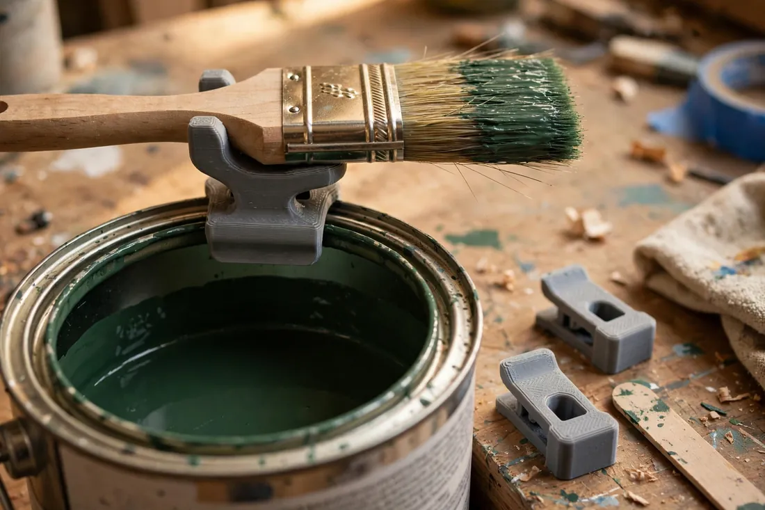 Close-up of a 3D printed brush rest clipped to the rim of a paint can