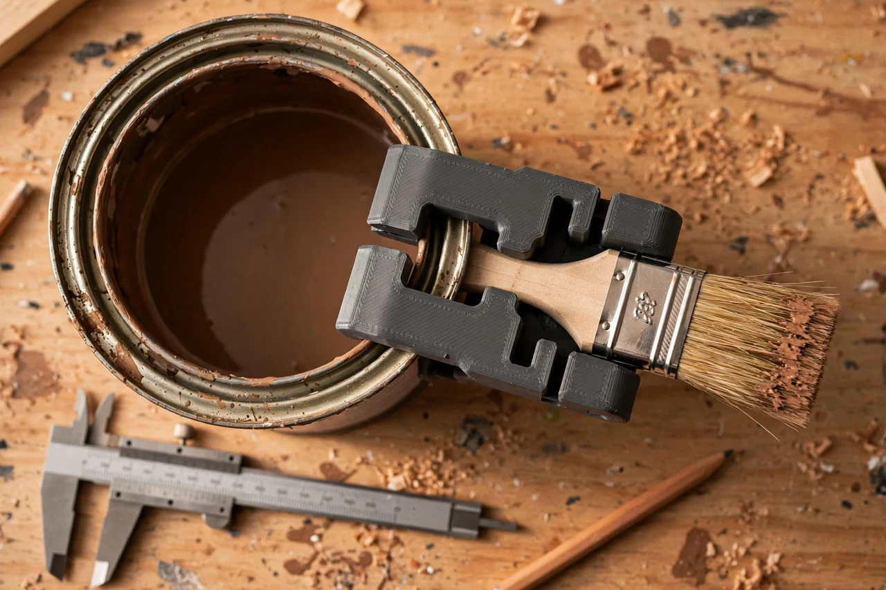 Close-up top-down view of a matte charcoal-gray 3D printed paint can brush holder being test-fitted against a paint can and a paintbrush on a workbench, calipers and a pencil nearby, warm workshop lighting