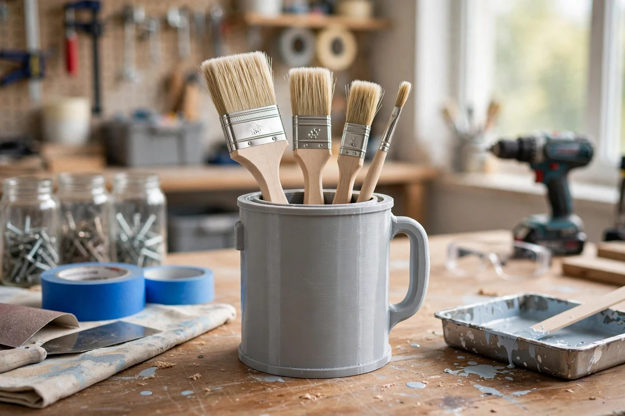 View of the finished 3D printed paint can brush holder in use on a home improvement project on a workbench, tidy workshop background in soft focus, bright natural light