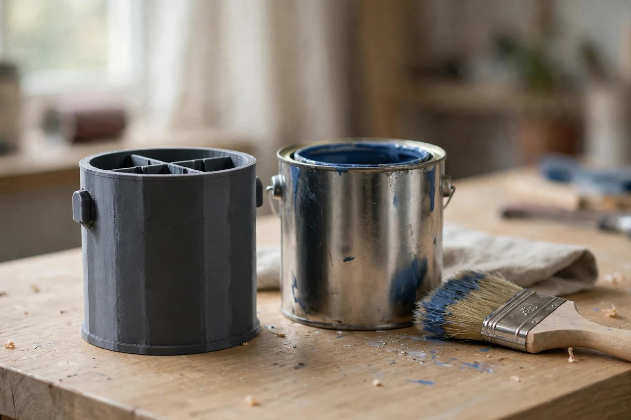 Home workshop scene on a light oak workbench, a matte charcoal-gray 3D printed paint can brush holder beside a paint can and a paintbrush, soft natural window light, shallow depth of field
