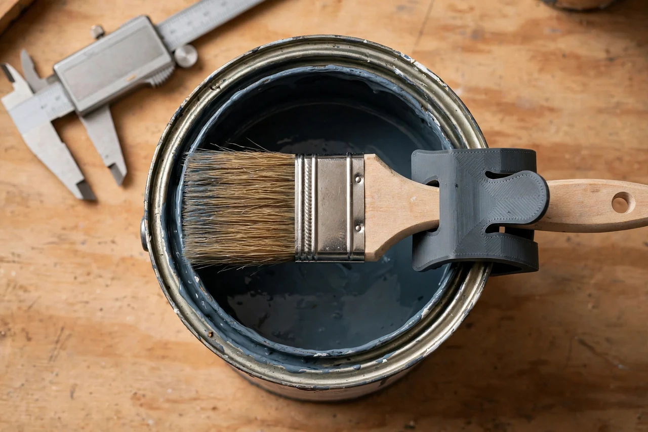 Close-up top-down view of a matte charcoal-gray 3D printed paint can clip-on brush holder being test-fitted against a paintbrush resting on a paint can between coats on a workbench, calipers and a pencil nearby, warm workshop lighting