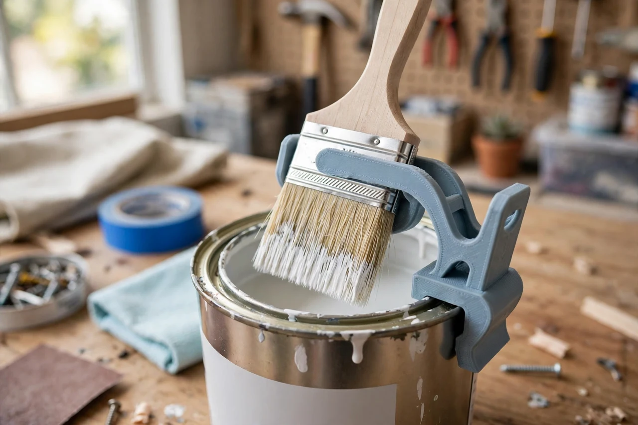 View of the finished 3D printed paint can clip-on brush holder in use on a home repair project on a workbench, tidy workshop background in soft focus, bright natural light