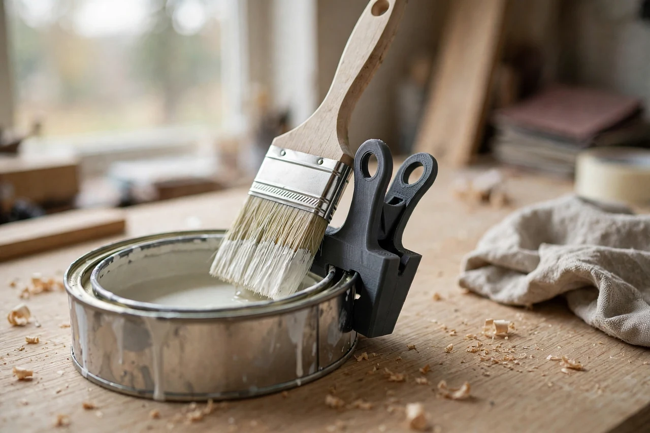 Home workshop scene on a light oak workbench, a matte charcoal-gray 3D printed paint can clip-on brush holder holding a paintbrush resting on a paint can between coats, soft natural window light, shallow depth of field