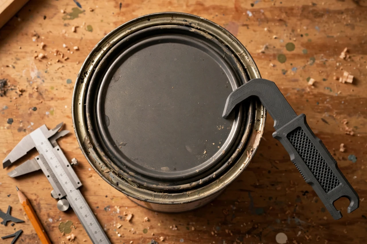 Close-up top-down view of a matte charcoal-gray 3D printed paint can lid prying tool being test-fitted against a sealed paint can lid sitting tight in its rim on a workbench, calipers and a pencil nearby, warm workshop lighting