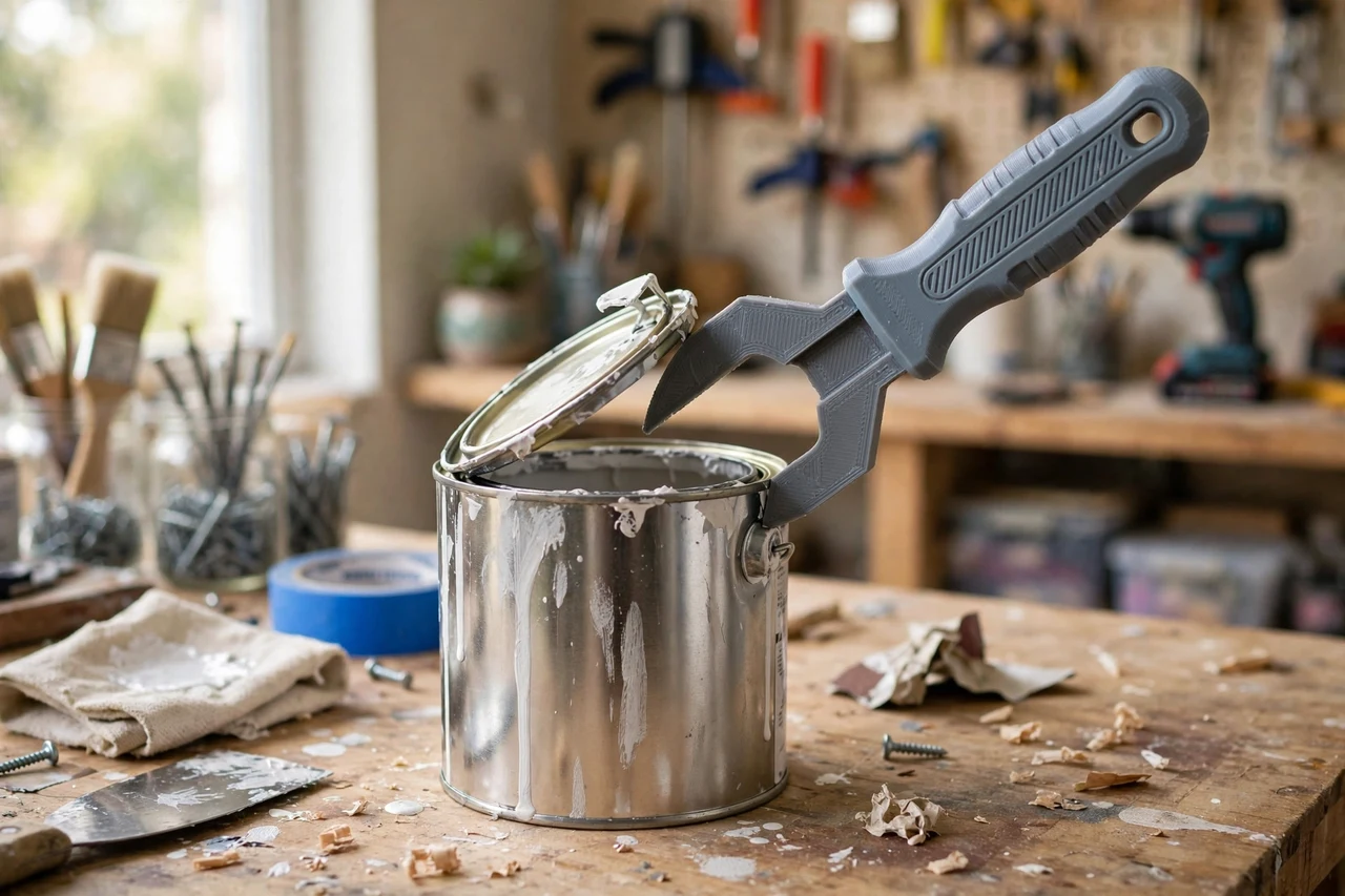 View of the finished 3D printed paint can lid prying tool in use on a home repair project on a workbench, tidy workshop background in soft focus, bright natural light