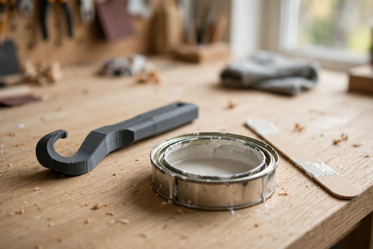 Home workshop scene on a light oak workbench, a matte charcoal-gray 3D printed paint can lid prying tool beside an open paint can and a stirring stick, soft natural window light, shallow depth of field