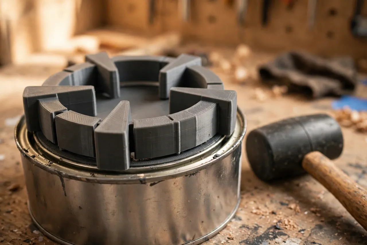 Close-up of a charcoal-gray 3D printed resealer tool pressing evenly around the rim of a metal paint can on a workbench