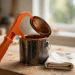 A bright home workshop bench with a matte orange 3D printed paint can lid remover tool lifting the lid off a metal paint can