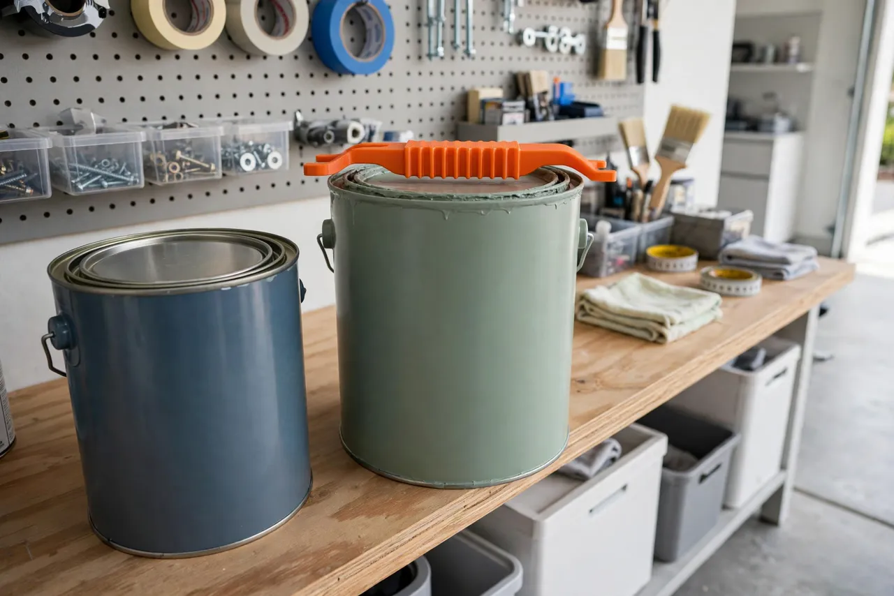 A neatly resealed paint can standing on a tidy workshop shelf beside a second can and the orange 3D printed lid tool resting on top