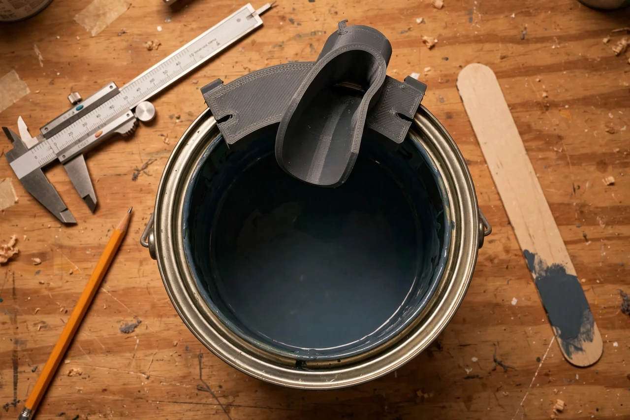 Close-up top-down view of a matte charcoal-gray 3D printed paint can pouring guide being test-fitted against a paint can and a stirring stick on a workbench, calipers and a pencil nearby, warm workshop lighting