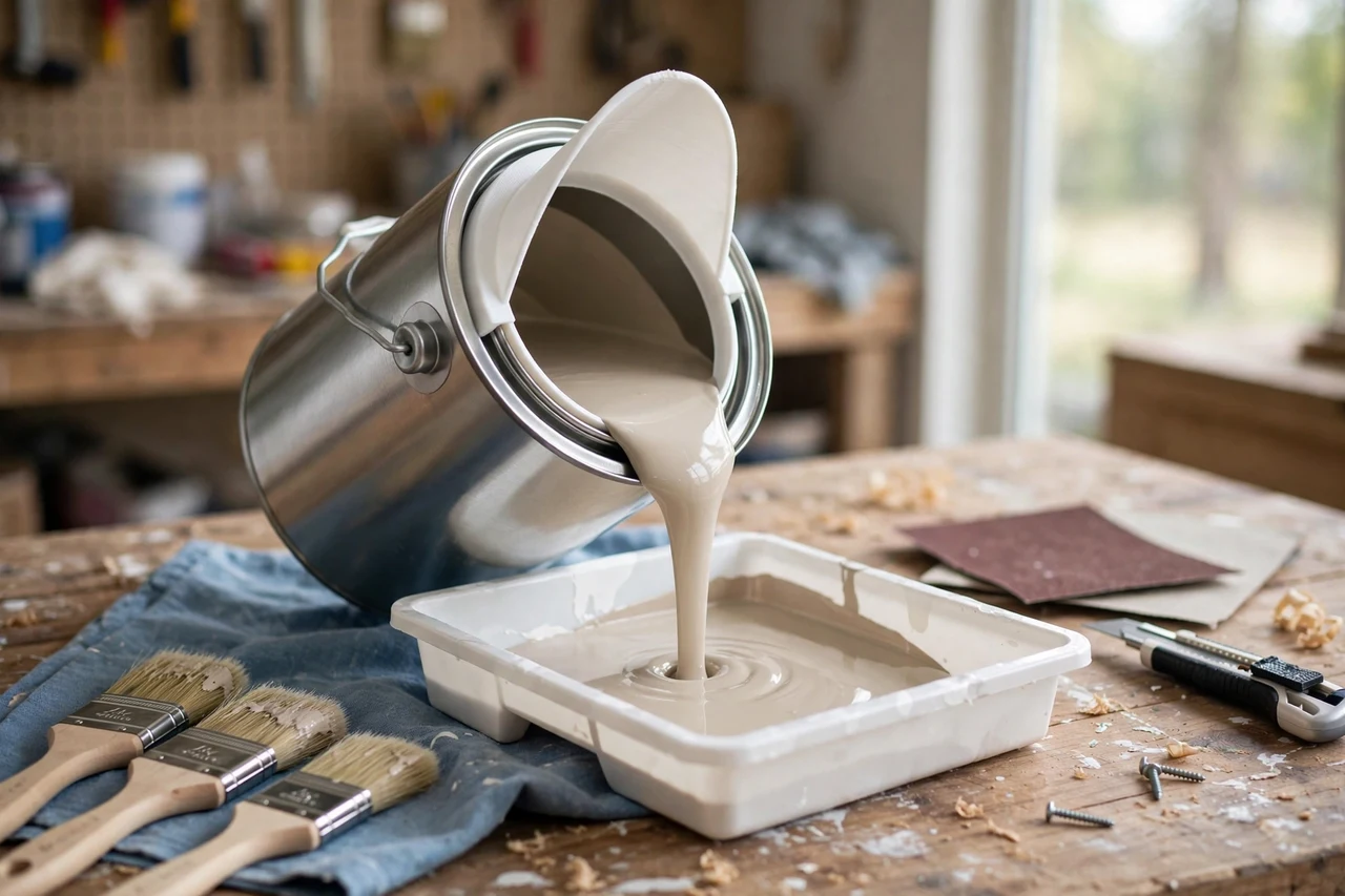 View of the finished 3D printed paint can pouring guide in use on a home improvement project on a workbench, tidy workshop background in soft focus, bright natural light