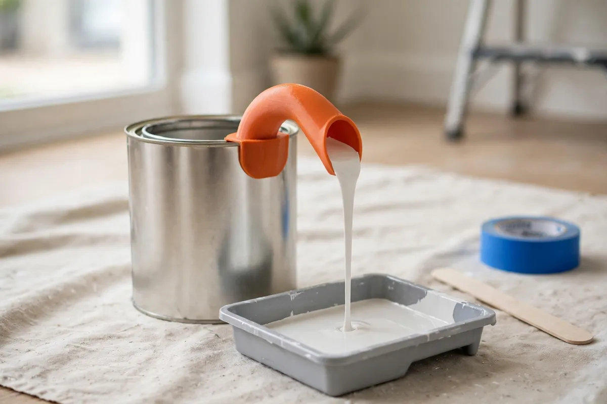A bright room being redecorated, an open paint can on a dust sheet fitted with a matte orange 3D printed pouring spout