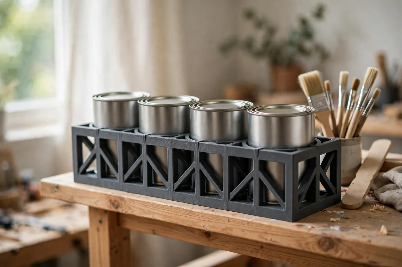 A bright home workshop scene, a matte charcoal-gray 3D printed paint can rack on a wooden shelf holding four quart paint cans upright in individual