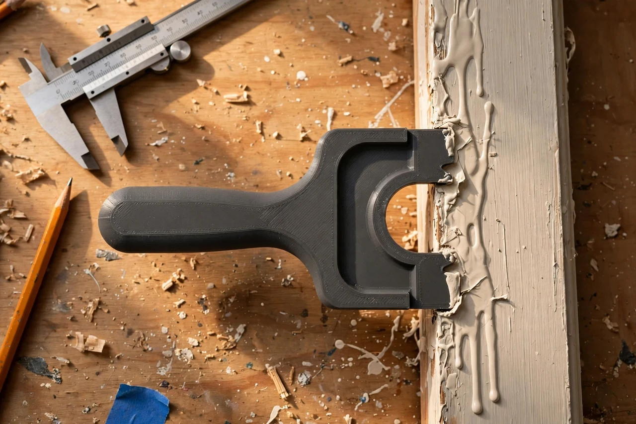 Close-up top-down view of a matte charcoal-gray 3D printed paint drip edge scraper tool being test-fitted against dried paint drips on a door edge on a workbench, calipers and a pencil nearby, warm workshop lighting