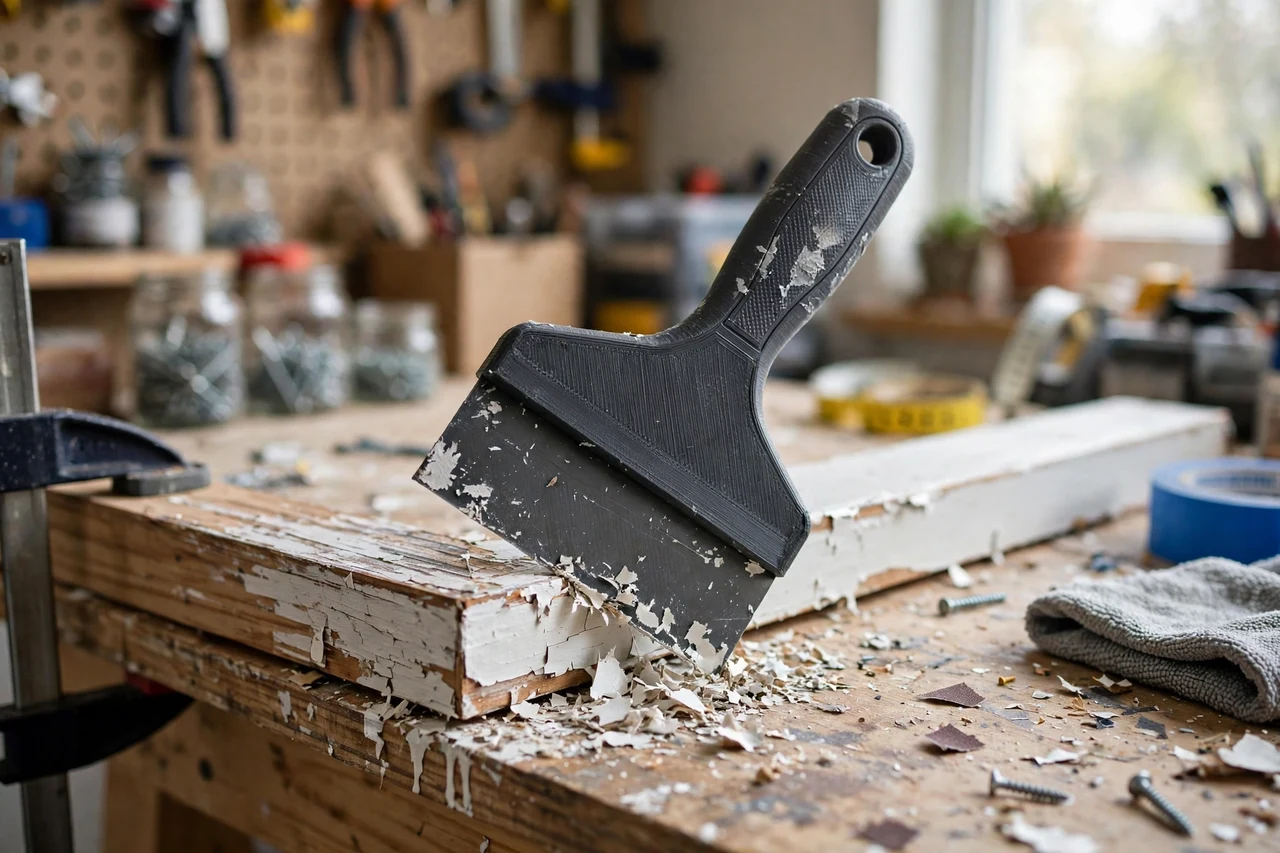 View of the finished 3D printed paint drip edge scraper tool in use on a home repair project on a workbench, tidy workshop background in soft focus, bright natural light