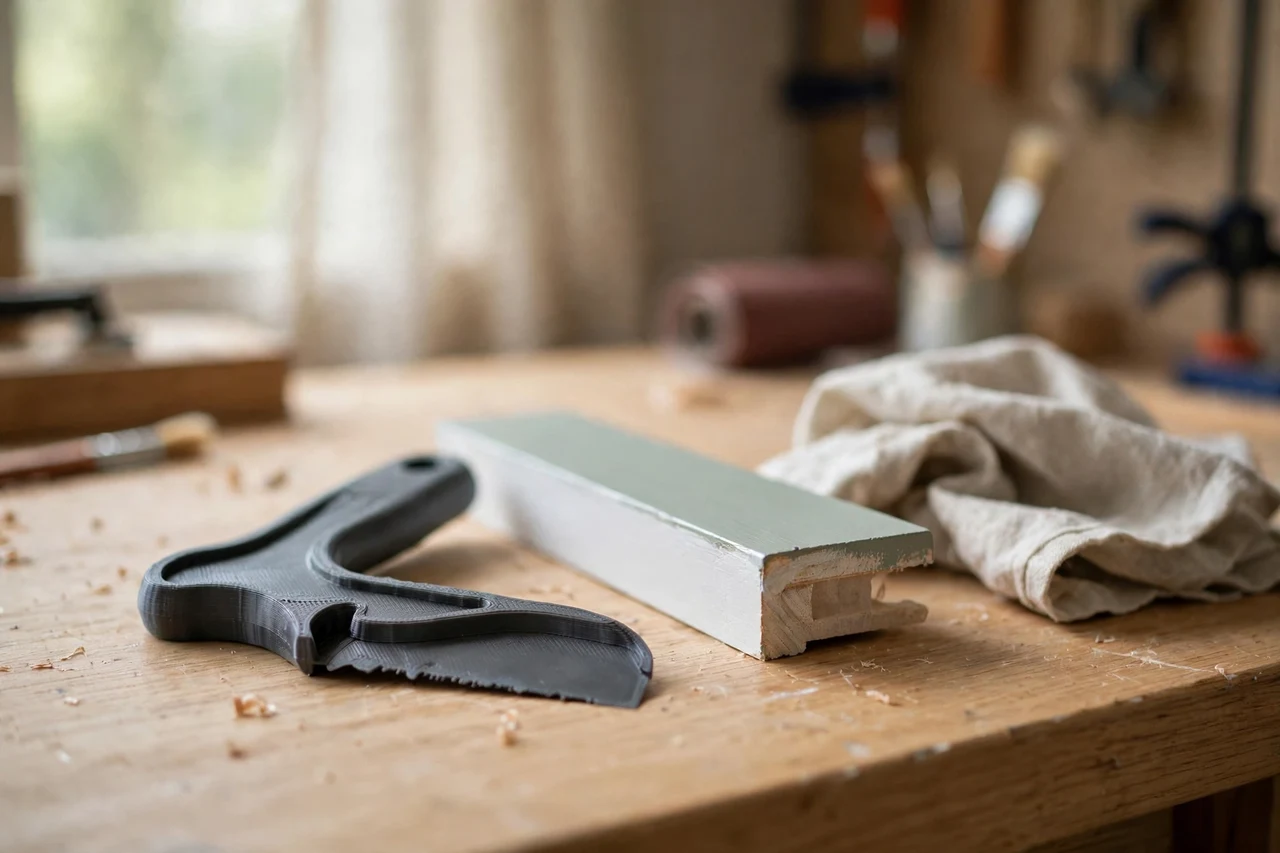 Home workshop scene on a light oak workbench, a matte charcoal-gray 3D printed paint drip edge scraper tool beside a painted door edge sample and a rag, soft natural window light, shallow depth of field