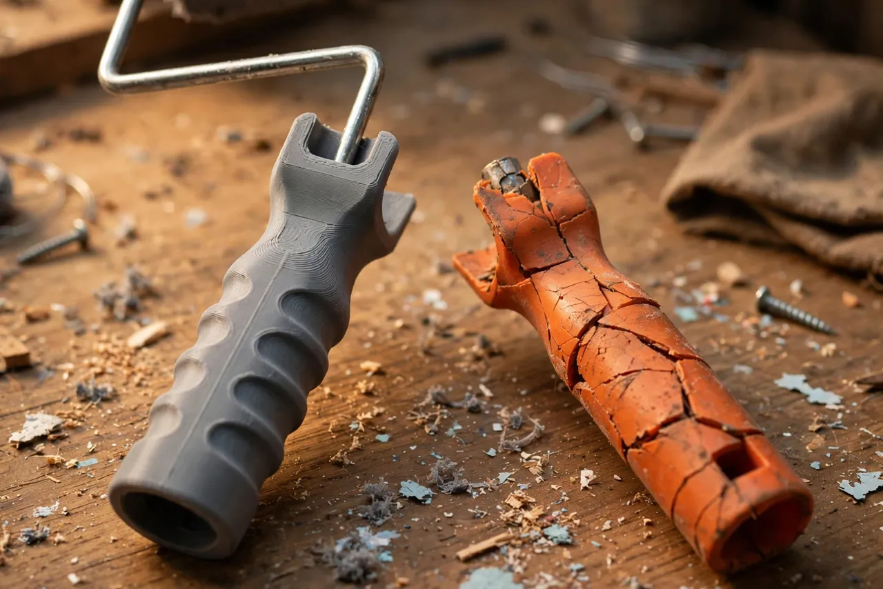 Close-up view of a 3D printed paint roller handle with a contoured grip and a metal frame wire seated in its socket