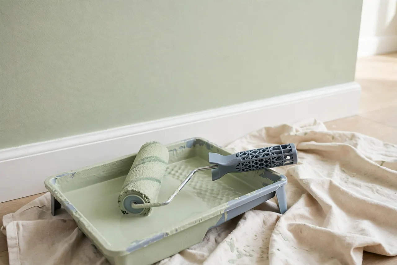A freshly painted interior wall with even roller coverage
