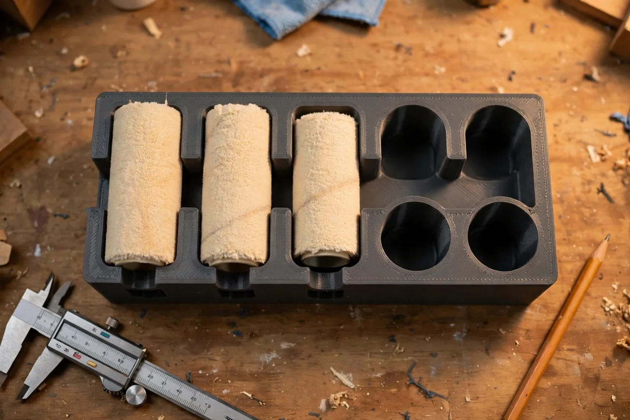 Close-up top-down view of a matte charcoal-gray 3D printed paint roller sleeve rack being test-fitted with paint roller sleeves on a workbench, calipers and a pencil nearby, warm workshop lighting