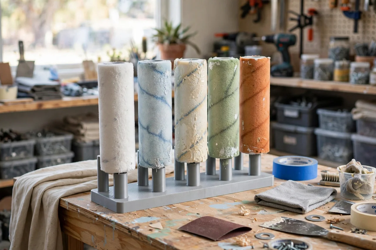 View of the finished 3D printed paint roller sleeve rack in use during a home repair tidy-up on a workbench, tidy workshop background in soft focus, bright natural light