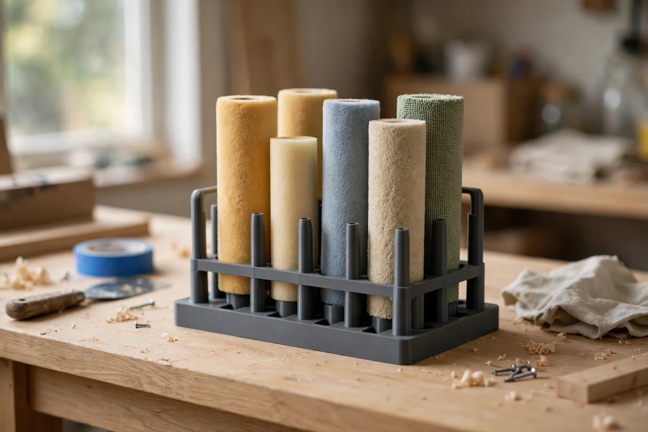 Home workshop scene on a light oak workbench, a matte charcoal-gray 3D printed paint roller sleeve rack holding paint roller sleeves, soft natural window light, shallow depth of field
