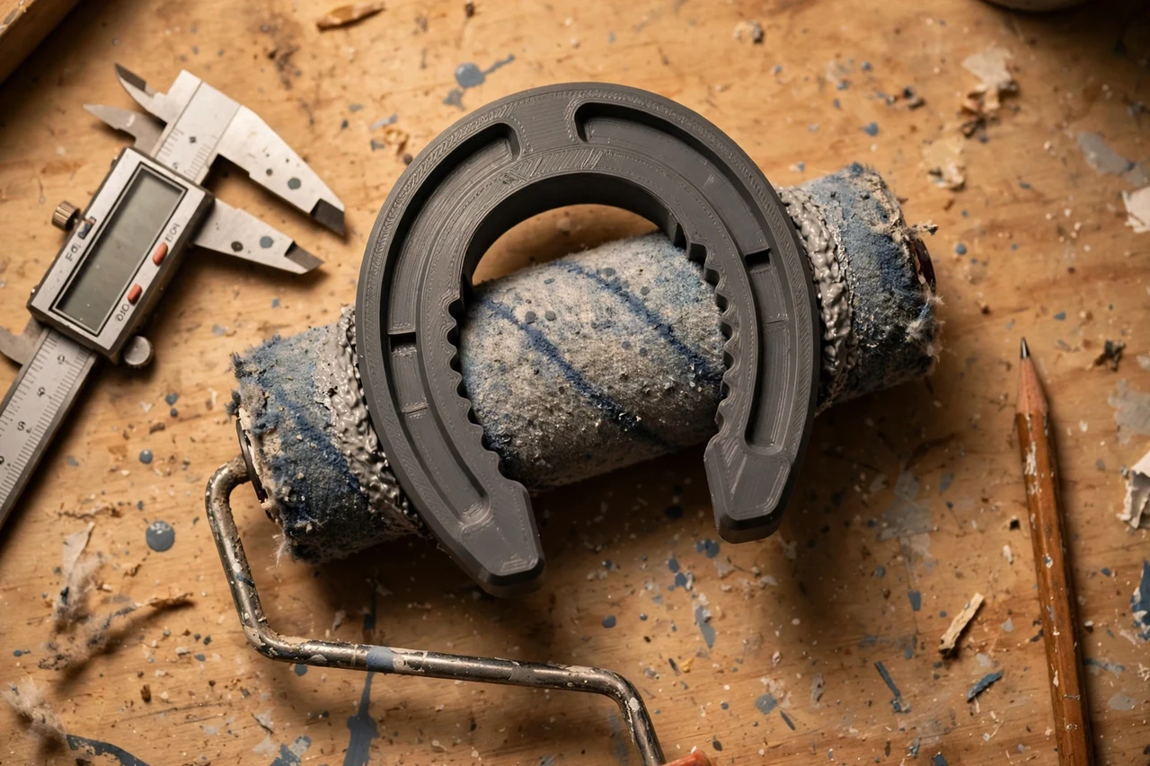 Close-up top-down view of a matte charcoal-gray 3D printed paint roller sleeve remover tool being test-fitted against a used paint roller sleeve stuck on its frame on a workbench, calipers and a pencil nearby, warm workshop lighting