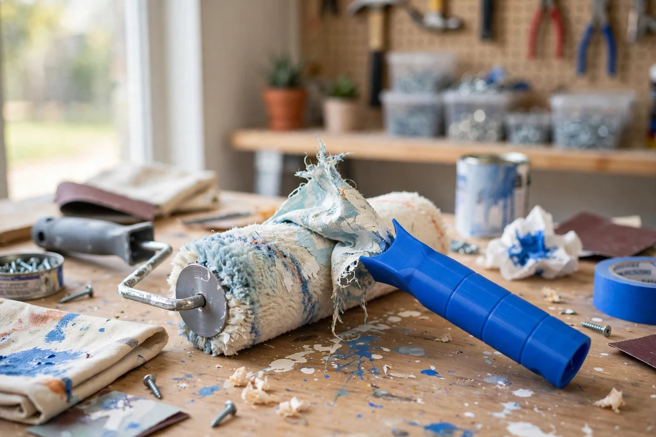 View of the finished 3D printed paint roller sleeve remover tool in use on a home repair project on a workbench, tidy workshop background in soft focus, bright natural light