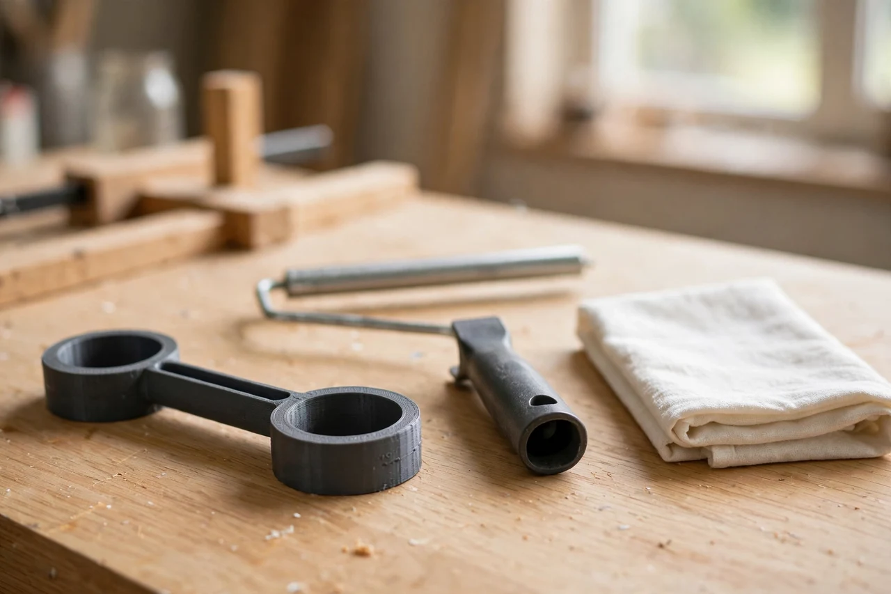 Home workshop scene on a light oak workbench, a matte charcoal-gray 3D printed paint roller sleeve remover tool beside a paint roller frame and a clean rag, soft natural window light, shallow depth of field