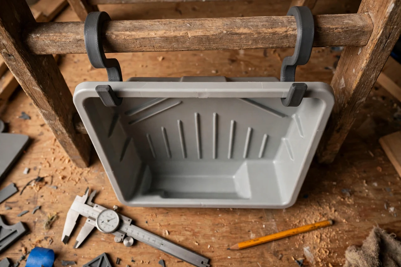 Close-up top-down view of a matte charcoal-gray 3D printed paint roller tray hooks being test-fitted against a paint roller tray hung from a ladder or shelf on a workbench, calipers and a pencil nearby, warm workshop lighting