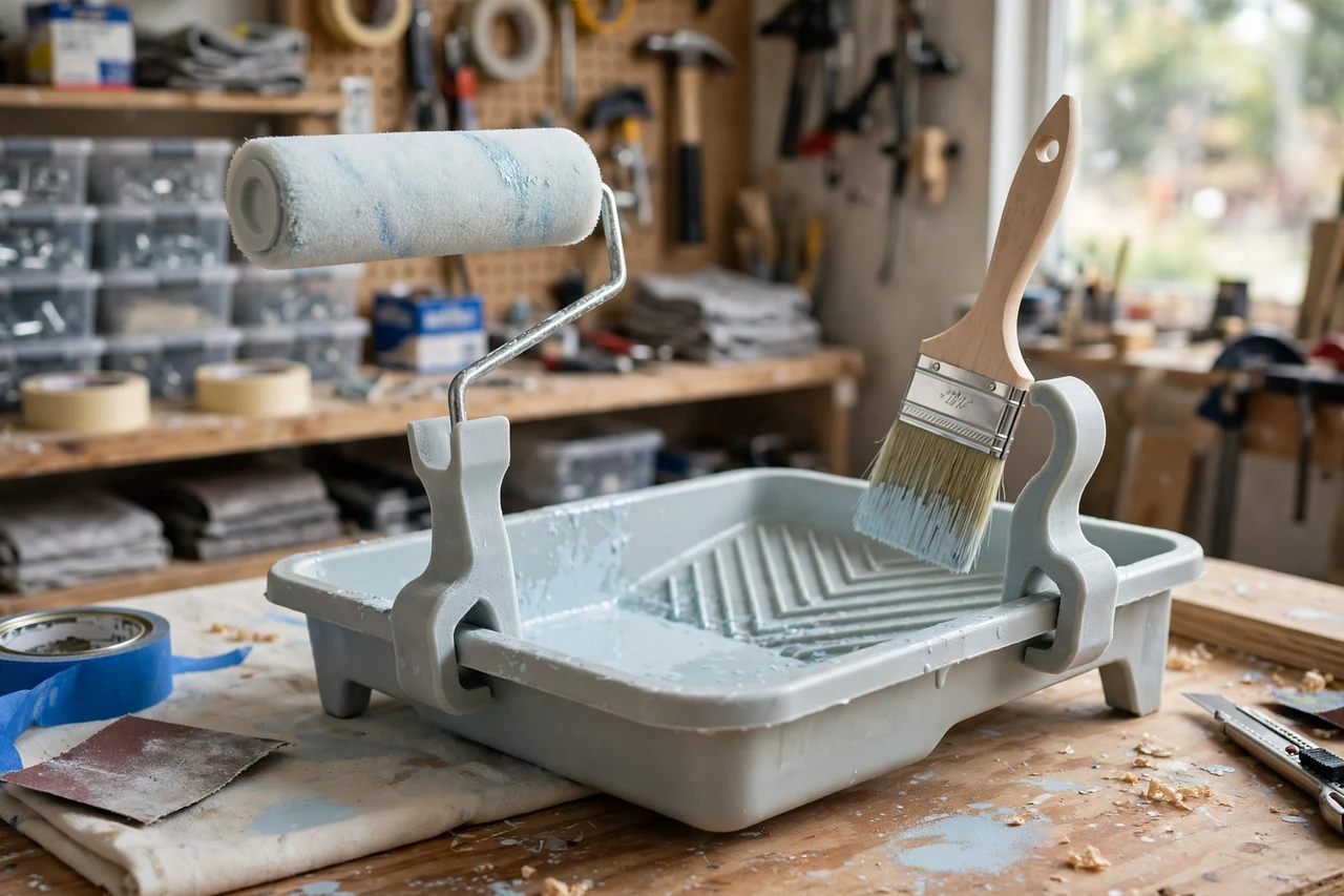 View of the finished 3D printed paint roller tray hooks in use on a home repair project on a workbench, tidy workshop background in soft focus, bright natural light